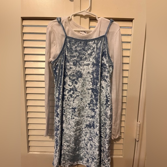 Dresses Light Blue Velvet Dress With A Long Sleeved White Shirt